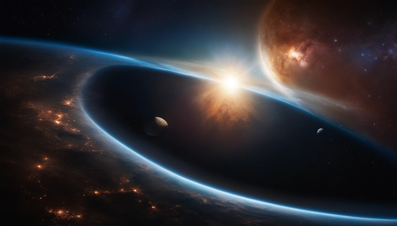 An image of outer space with Earth at the center, representing the creation of the heavens and Earth.