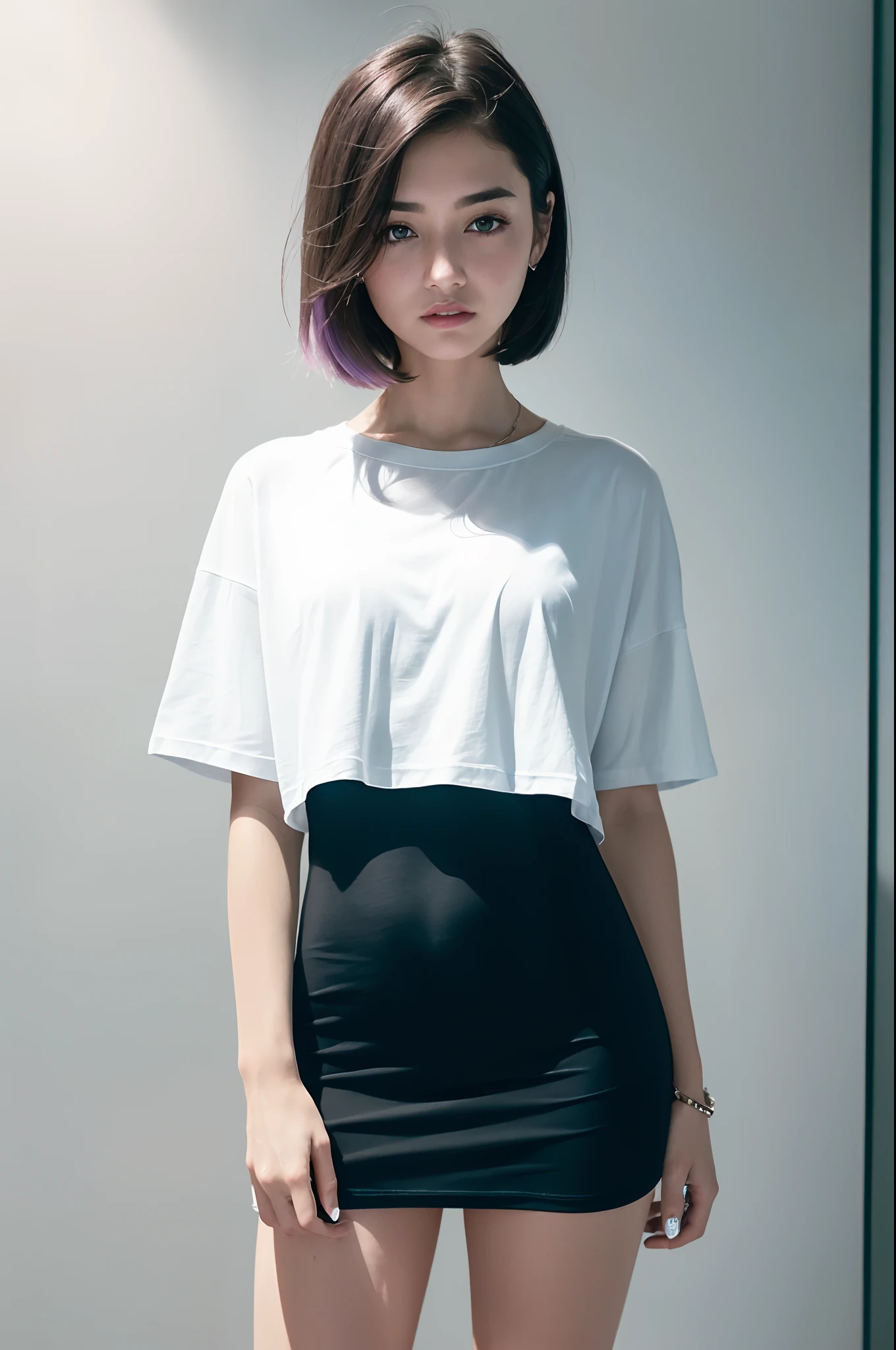 1 girl, Beautiful vintage color, watching viewer (Bright long white oversized t-shirt (plain color), instagram (Photorealistic, High Resolution: 1.4), ((green colored eyes)), full - body (8K, RAW photo, Best Quality, Masterpiece: 1.2), (Realistic, Photorealistic): 1.37), (soft focus: 1.2), Professional lighting, Photon mapping, radiosity, physically based rendering, (White Skin Skin: 1.2), (Small: 1.2), viewer's gaze, (Medium Hair: 1.5), Portrait, Purple eye, (light-blue hair: 1.2), Bangs, (Simple background: 1.4), 独奏, upper-body, Realistic, (Masterpiece: 1.4), (Best Quality: 1.4), (glossy skin), fashionable woman, makeup, Smile (Skinny, mouth closed, Shy: 1.3), (Standing, Plain long white oversized t-shirt and black miniskirt), Medium bust, Front pillar, Hands folded behind his back, White wall background, No need to draw on a T-shirt,