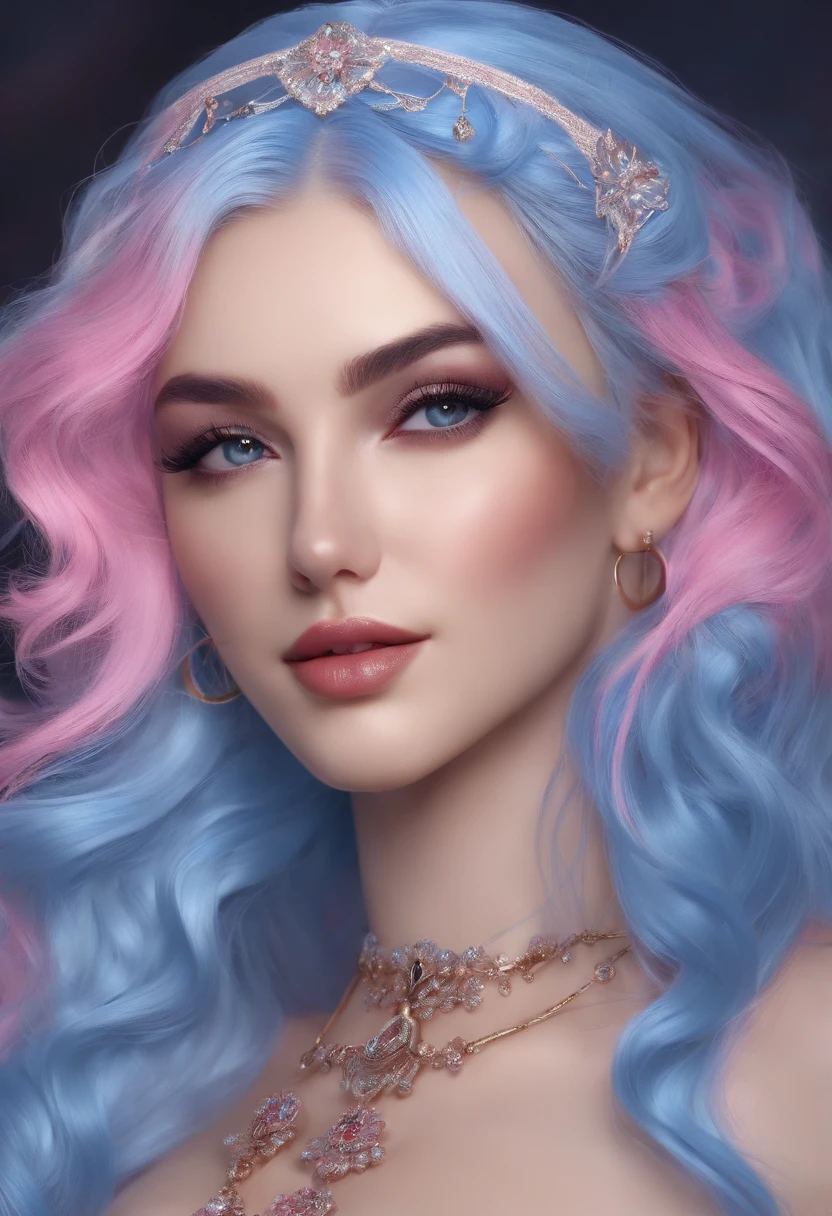 Highly detailed, 8K, Masterpiece, 1girll, Blue pink_Hair, , Smile, (Perfect_face), Bound, Close-up, BDSM, On_back, opulent, Intricate, Dramatic lighting, 4K, Detailed_Background, Caustics, full_Body,