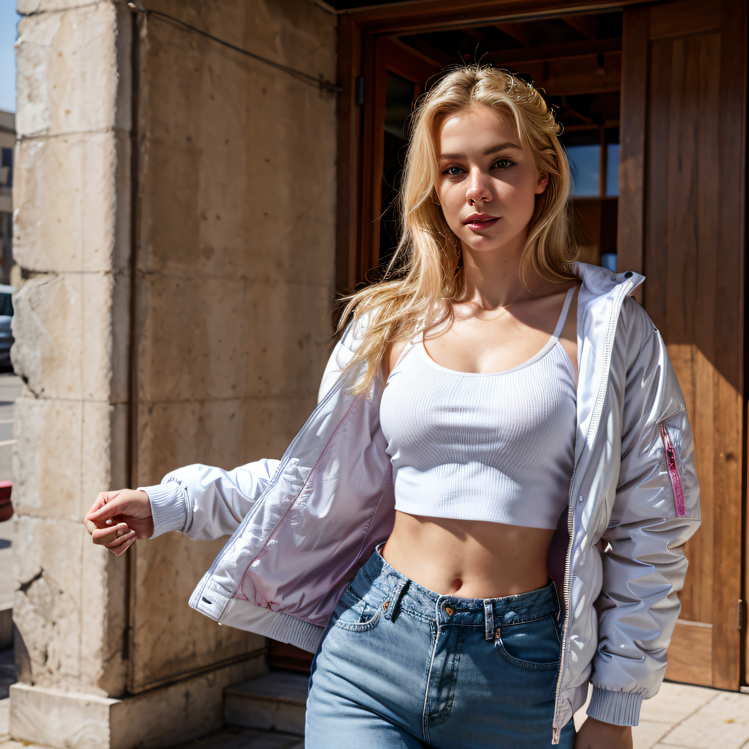 arafed woman with blonde hair and blue eyes in a white top and jeans holding a pink jacket, a photo by Nina Hamnett, tumblr, happening, jacket over bare torso, wearing a sexy cropped top, cropped shirt with jacket, very tight small push up bra, wearing crop top, middle shot waist up, model wears a puffer jacket, 34C bust