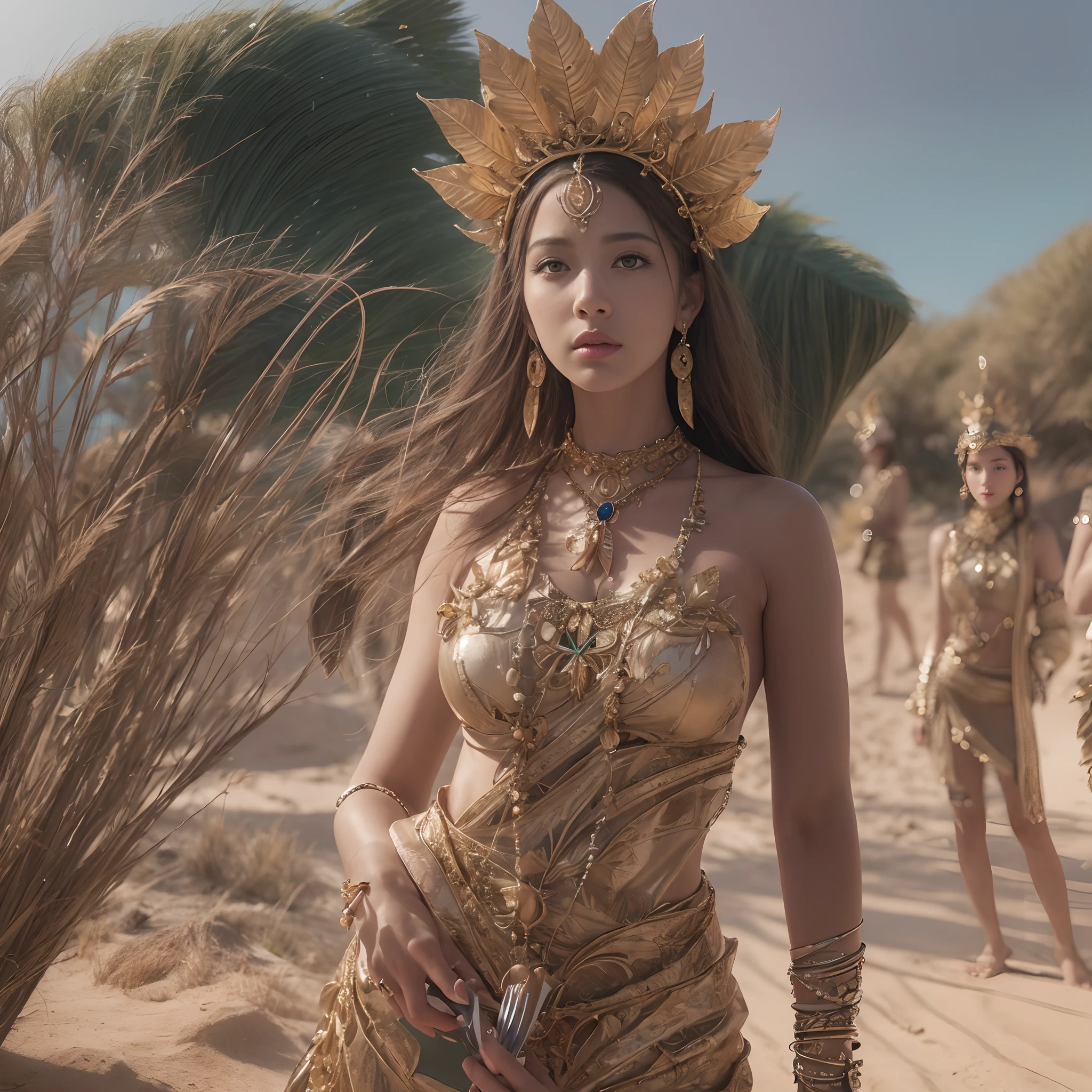 (((nffsw))), (((masutepiece))), (((8K))), (((hight resolution))), (((surrealism))), (((Cinematic lighting))), god rays, Zoom Layer, (((FULL BODYSHOT))), F/4.0, canon, Shiny skin,Detailed skin,Detailed face, Detailed eyes, Goddess of Desert Island, An island with no people, Unmaintained island, Elegant dress made only of leaves, Leaf tiara, Seashell earrings, bare-legged, Strong look, Holding a survival knife in your hand