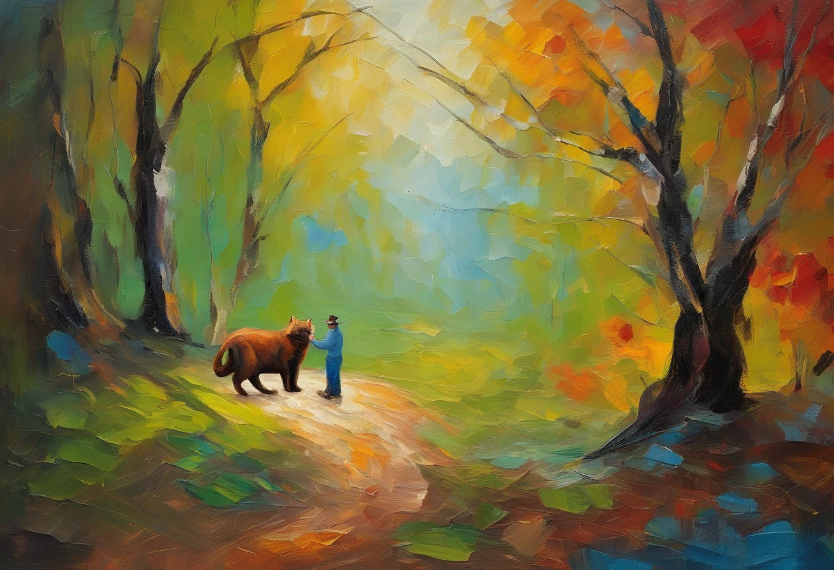 masterpiece, best quality, a fat cat with middle aged man in forest, moon, morning