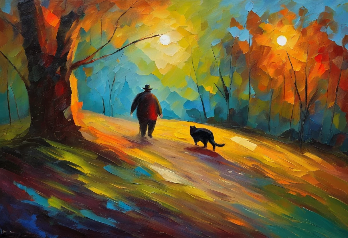 masterpiece, best quality, a fat cat with middle aged man in forest, moon, morning