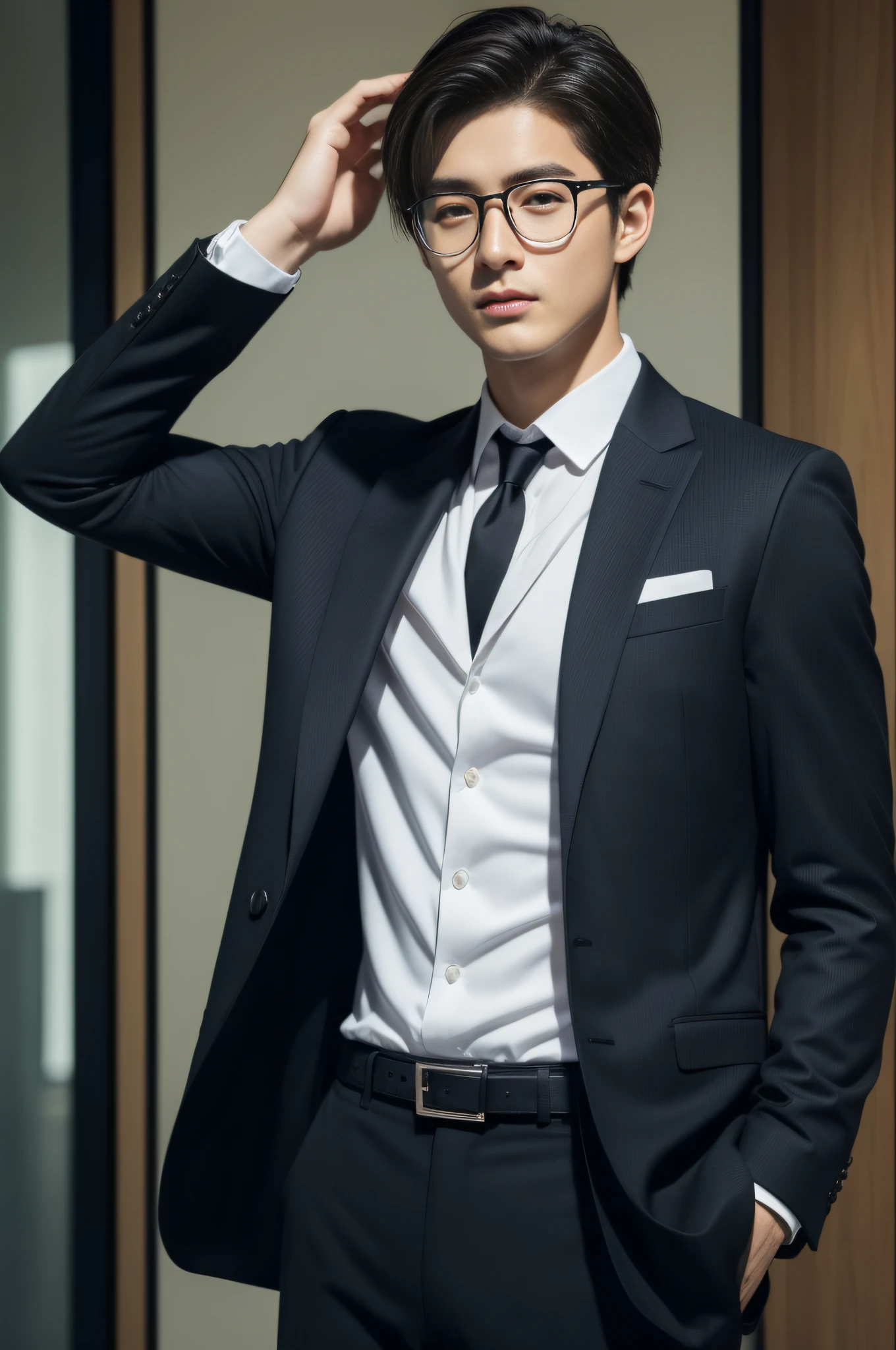 dark brown suit、 20-year-old refreshingly handsome new employee、 (Super cool S-class guy in a suit)、 eye glass、 Japan boys at 20 years old、 businessman、 Ultra-luxury suits、 s Office、 Stand in a suitSYoung handsome man、 Full body photo、 (Highly detailed photos of CG Unity 8K)、 (A highly detailedSHandsome man in class)、 (Photo Real)、 ((top-quality))、 ultra-detailliert、 (masterpiece)、 An ultra-high picture quality、 tall、 viewer、 Gentle man、 Very beautiful hair、 Shorthair、 Bright photo、 Handsome like a model、 Handsome like an idol、 Luxury Watches、 Cool belt、 japanes