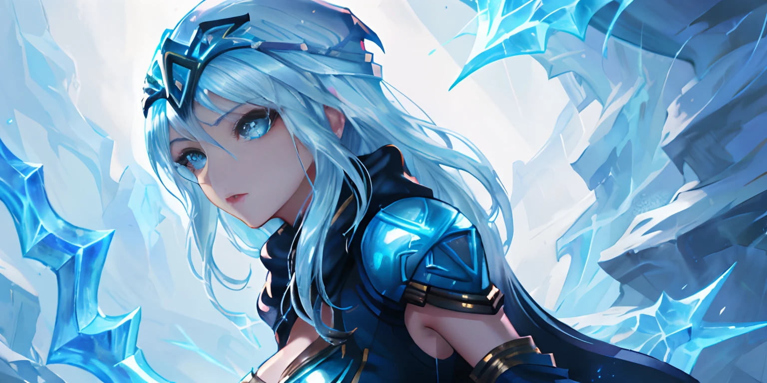 a close up of a woman standing in front of a group of people, legends of runeterra ashe, queen of ice and storm, wild rift ashe, league of legends ashe character art, artgerm and atey ghailan, ashe from league of legends, ashe, league of legends splashart, riot games concept art, league of legends splash art