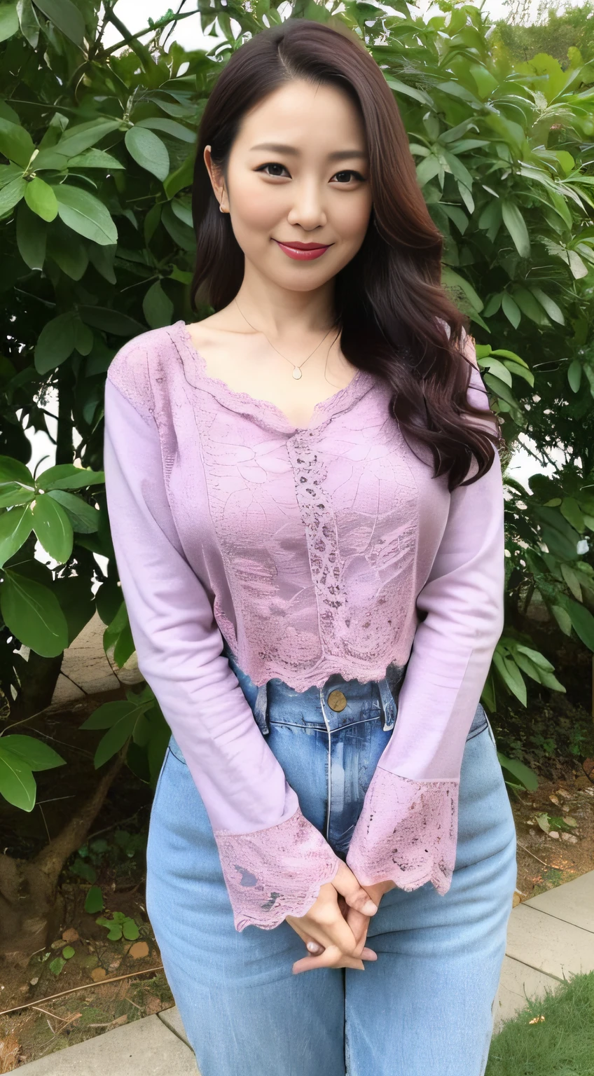 ((Place your hands on either side of your thighs))、((中景 the scene is、A half body)),((top-quality、8K、tmasterpiece:1.3))、foco nítido, high-level image quality, A high resolution, Portrait, Solo, Middle-aged woman, Beautuful Women, 45 yers old, plump,Wavy hairstyles, Orchard background of fruiting, Wrinkles at the corners of the eyes, mesmerizing looks, ssmile:1.2,nedium breasts:1.2、Colossal tits、nipple piercing、a necklace、Visible nipple、Lilac crewneck lace top,Both hands are lowered,standing on your feet:1.2,orthofacial,Complete fingers,perfect bodies,