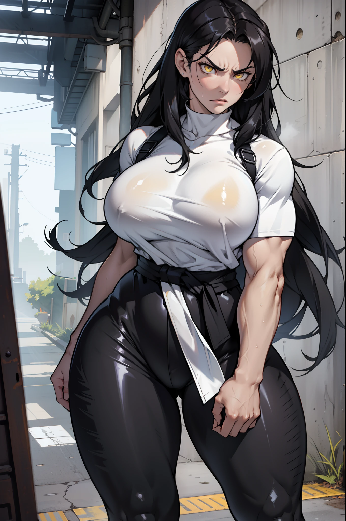 black hair, yellow eyes, solo, sweaty, shiny skin, angry, pale skin, (((muscular, 1girl))), thick thighs, huge breasts, wide hips, thin waist, casual clothes, very long hair