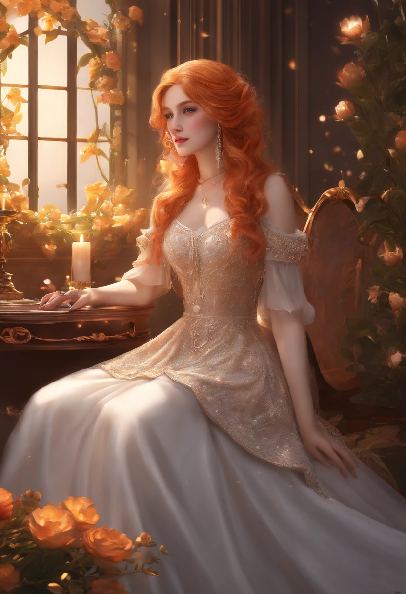 (Masterpiece:1.4), (Best quality:1.4), fantasy, Extremely detailed, Intricate, ultra - detailed, illustration,Soft lighting, 1girll, Orange hair_flower, dress, curving_polypubic hair , grin, (Perfect_face), Sitting, desk, opulent, Intricate, Dramatic lighting, 4K, Detailed_Background, Caustics, full_Body, the number_illustration, From_Side