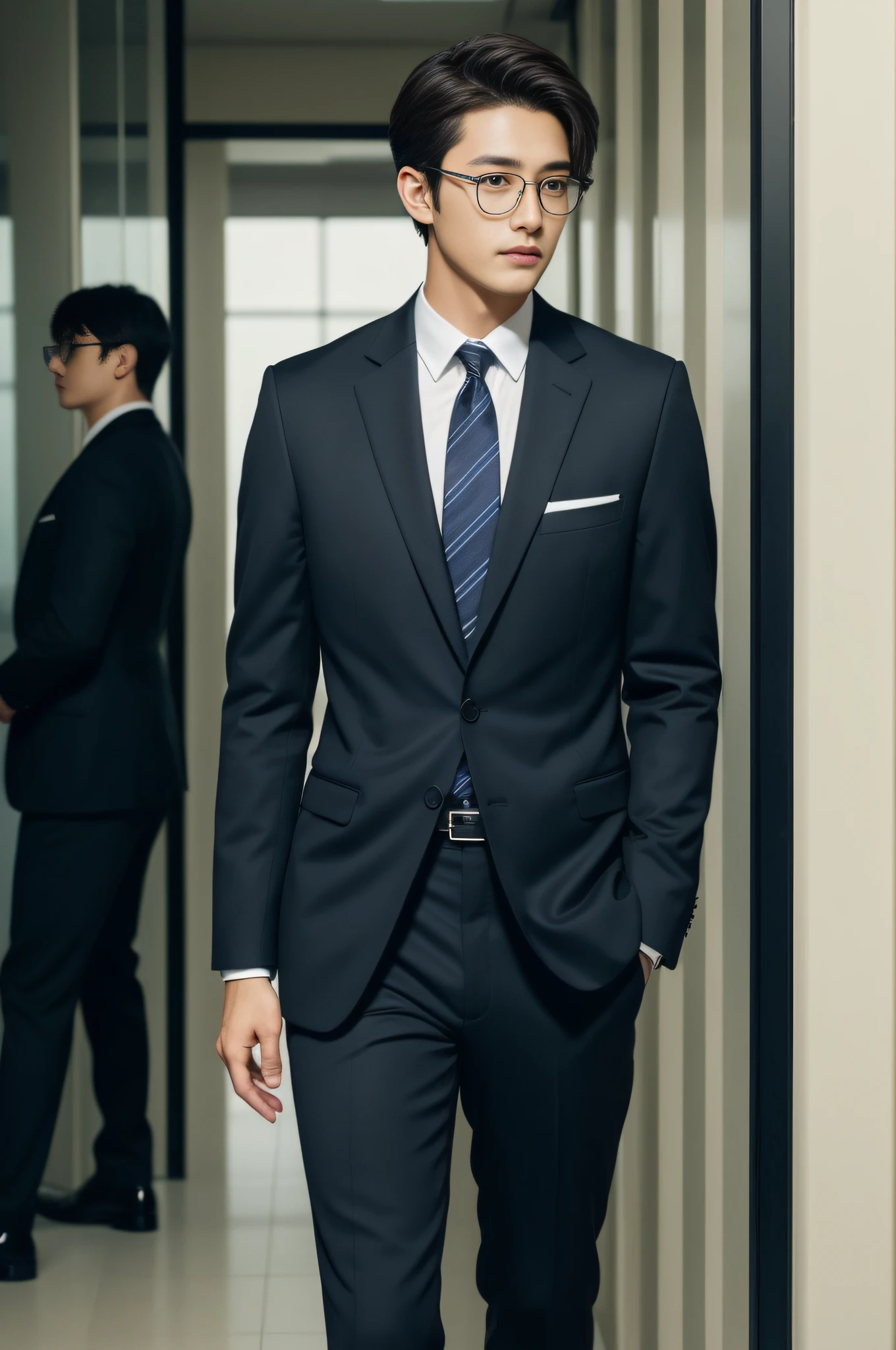 dark brown suit、　20-year-old refreshingly handsome new employee、　（Super cool S-class guy in a suit）、　Smart glasses、　Japan boys at 20 years old、　businessman、　Ultra-luxury suits、　s Office、　Stand in a suitＳYoung handsome man、　Full body photo、　（Highly detailed photos of CG Unity 8K）、　（A highly detailedＳHandsome man in class）、　（Photo Real）、　　（（top-quality））、　ultra-detailliert、　（​masterpiece）、　An ultra-high picture quality、　tall、　viewer、　Gentle man、　Very beautiful hair、　Shorthair、　Bright photo、　Handsome like a model、　Handsome like an idol、　Luxury Watches、　Cool belt、　japanes
