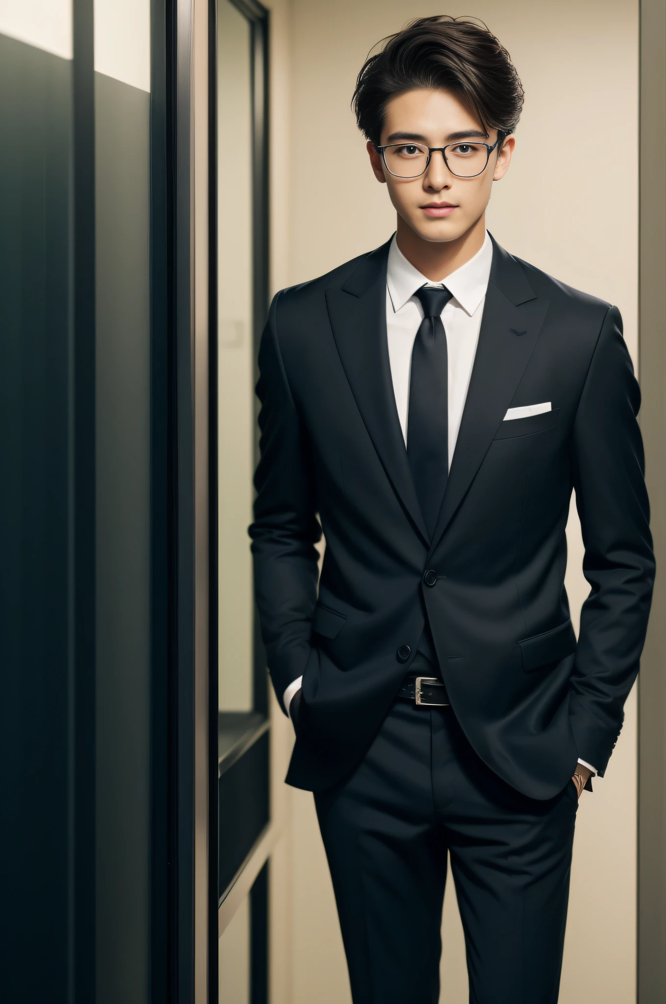 dark brown suit、　20-year-old refreshingly handsome new employee、　（Super cool S-class guy in a suit）、　Smart glasses、　Japan boys at 20 years old、　businessman、　Ultra-luxury suits、　s Office、　Stand in a suitＳYoung handsome man、　Full body photo、　（Highly detailed photos of CG Unity 8K）、　（A highly detailedＳHandsome man in class）、　（Photo Real）、　　（（top-quality））、　ultra-detailliert、　（​masterpiece）、　An ultra-high picture quality、　tall、　viewer、　Gentle man、　Very beautiful hair、　Shorthair、　Bright photo、　Handsome like a model、　Handsome like an idol、　Luxury Watches、　Cool belt、　japanes