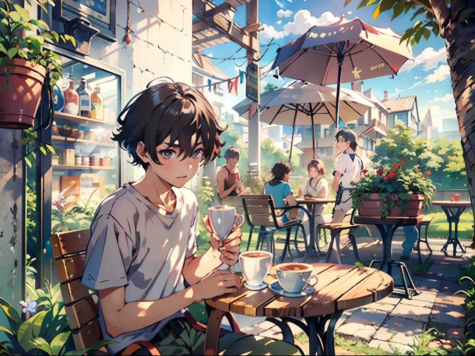 1boy,11 only、(Man's :2),(bobhair:1.5)、A dark-haired、Tank tops、cafes、Trees、Sunlight、Clouds,Natural lighting、hightquality、masutepiece,8K,hight resolution、