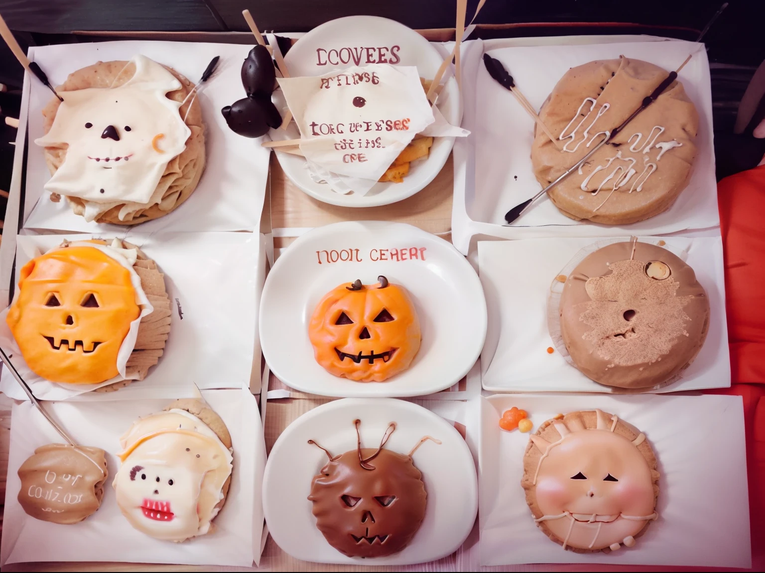 Plate of Halloween Cookies, Each is rendered in a different style, From realistic to cartoonish.