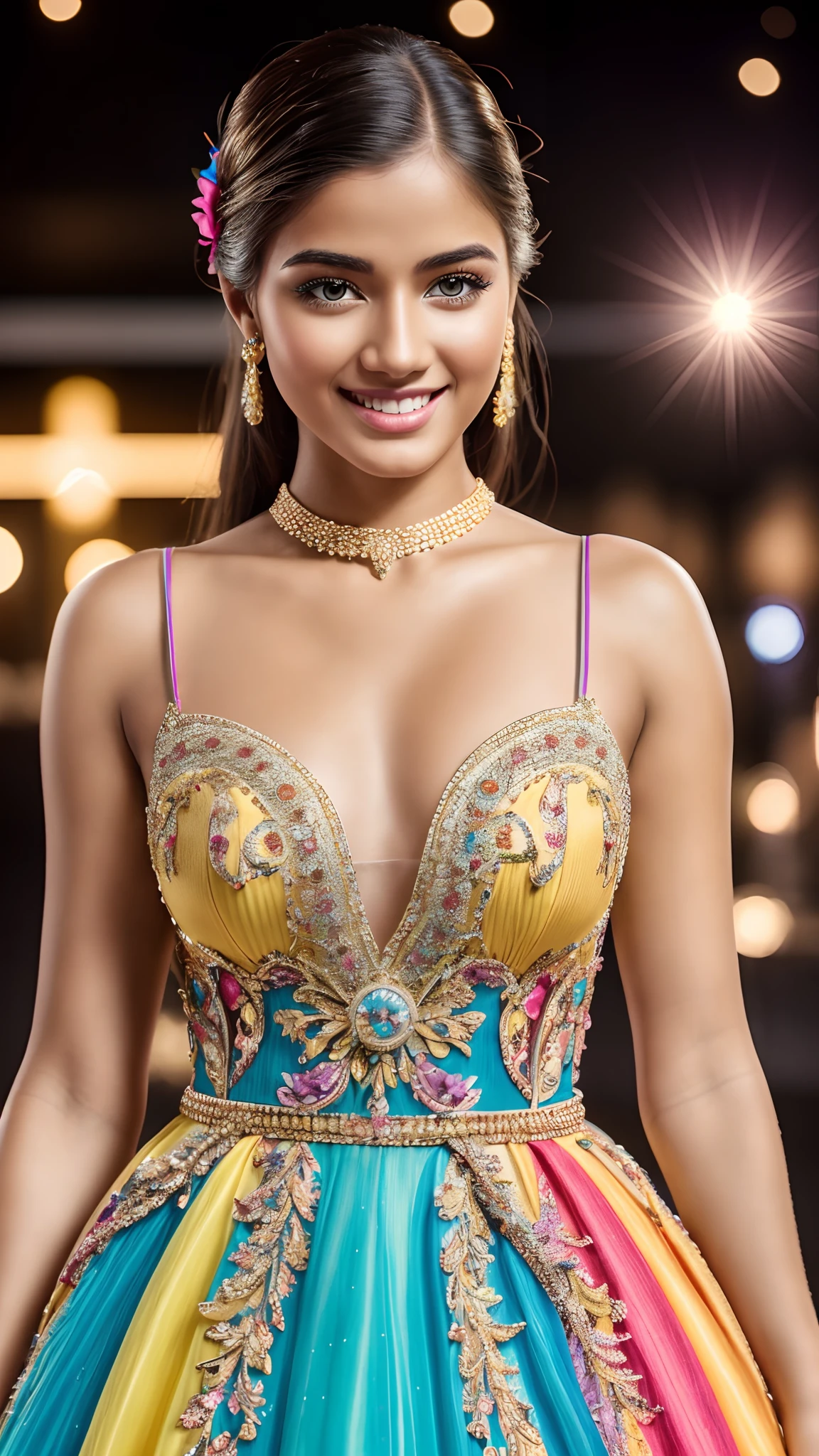 Hyper realistic and detailed full body photo of one young smiling beautiful woman wearing a colorful high fashion dress. Gala. perfect eyes, (Eye makeup:1.1), (highly detailed skin:1.1), RAW, analog style, sharp focus, 8k UHD, DSLR, high quality, Fujifilm XT3, grain, award winning, masterpiece.