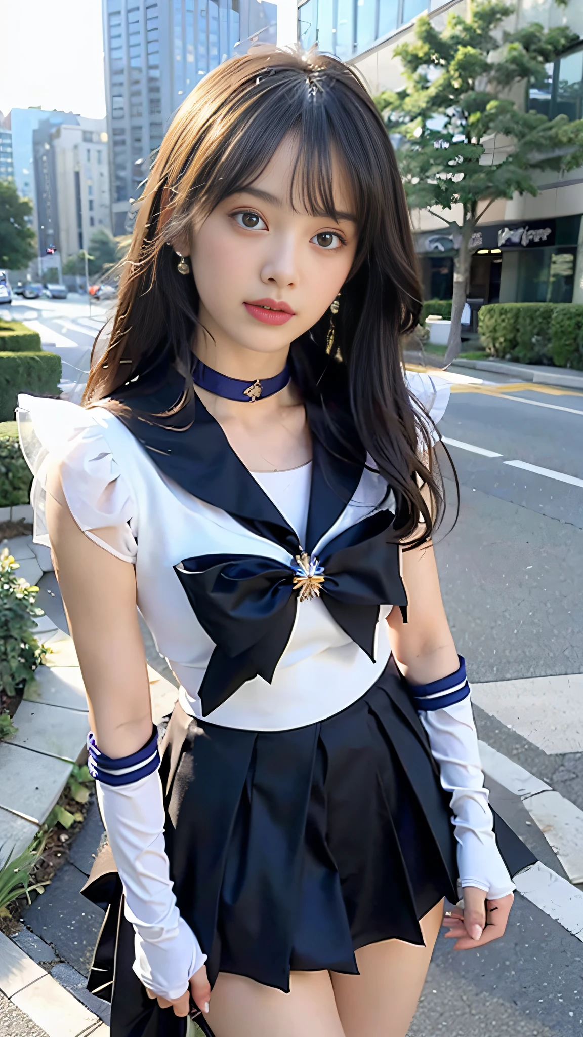 (8K), (Best quality), (RAW photo), (hyper HD), (Masterpiece:1.3), (Realistic), (Photorealistic:1.2), (high resolution), Ultra detailed, From below, 1girll, Young woman, Extremely beautiful face and eyes, Small face, Sailor Saturn, head gear, Sailor senshi uniform, Purple sailor collar, Pleated skirt, Elbow gloves, jewelry, corsage, choker necklace, cleavage, Charming, , Leaning forward,