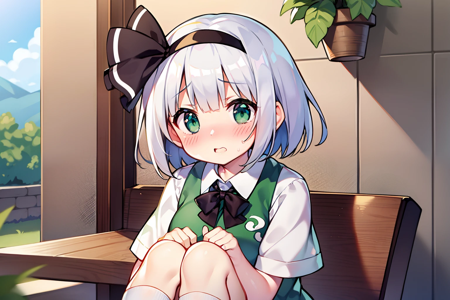 konpaku youmu、beautiful countenance、Highlights in the eyes、(embarrassed from)、with blush cheeks、shortsleeves、Petite、Green eyes
