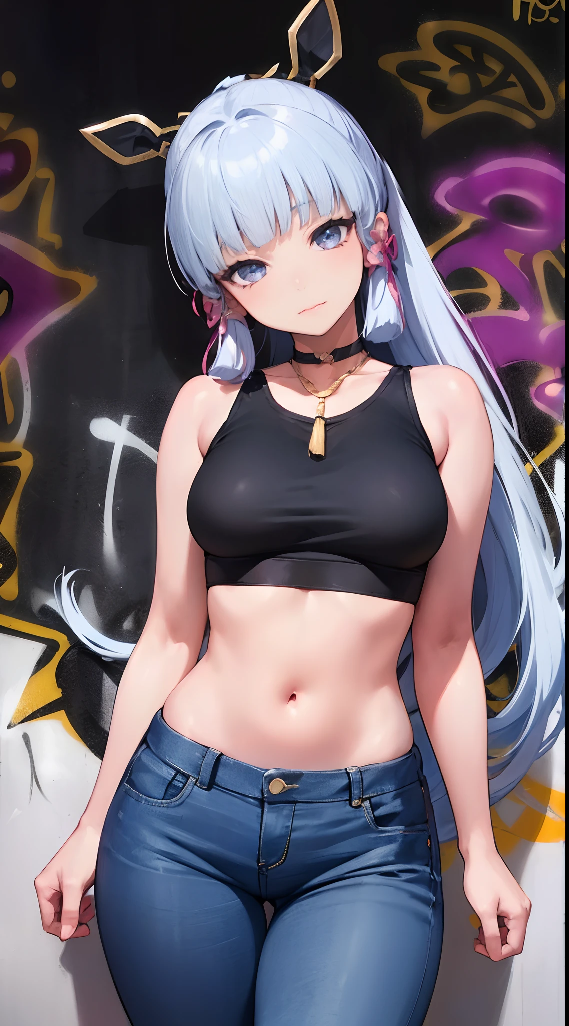 kamisato ayaka|genshin impact, master-piece, bestquality, 1girls,25 years old, proportional body, elongated legs, Beautiful, proportional., crop top, Long Jeans, mediuml breasts, ,bara, crop top, choker, (Graffiti:1.5), Splash with purple lightning pattern., arm behind back, against wall, View viewers from the front., Thigh strap, Head tilt, bored,(NSTDA.:1.2), (10, beste-Qualit, master-piece: 1.4), Beautiful red hair, ultra-high resolution, (lifelike, photorealistic portrait: 1.48), 20 age, Cute Girl, (Looking Through Crop Tops.), Famous Japanese actors, beautiful clear eyes, Head tilt, cowboy shot, from the front, looking at the audience, expressionless, Beautiful lake, Zeiss 150mm F/ 2.8 Hasselblad, Whole body, foot, Ultra-Wide Angle,