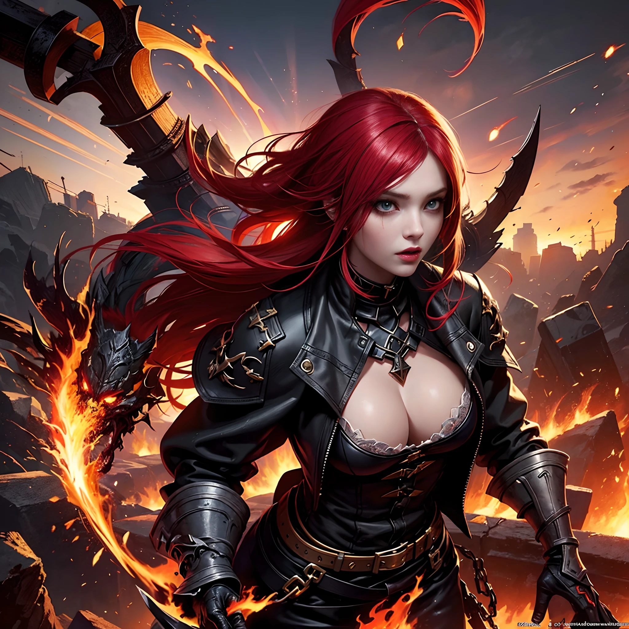The Netherworld-Katarina from League of Legends, an epitome of lethal beauty and arcane power, Dynamic lighting, crackling flames, fiery glow, Digital Art, Fierce, Energetic, Sinister, Otherworldly, Menacing, Intense, Dynamic Lighting, Fantasy, High Realism, Fiery Illumination,
