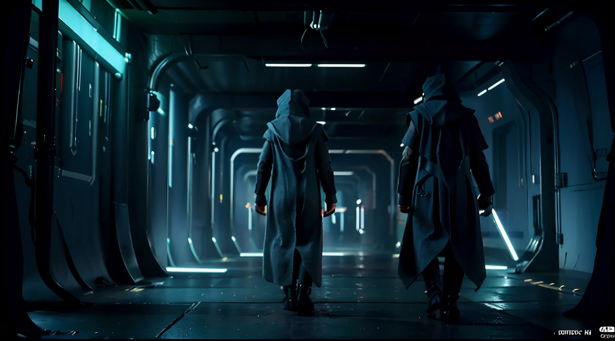 hooded figure, star wars character art, walking away, Togruta species, looking straight ahead, wool cloak, flowing long cloak dress, cinematic level shot, standing in a cantina, lots of lights, cantina background, neon lights background