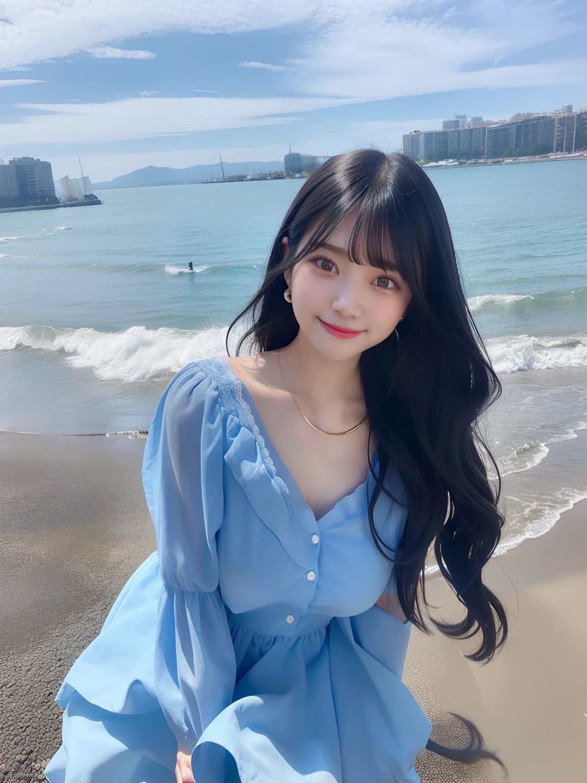 1girl, black hair, black eyes, realistic, ultra detail, 70mm lens, cute and beautiful, smile without visible teeth, the view is a beautiful blue sea, there are no geese in the sea, big breast, blue dress, hair model Loose Curls, no necklace