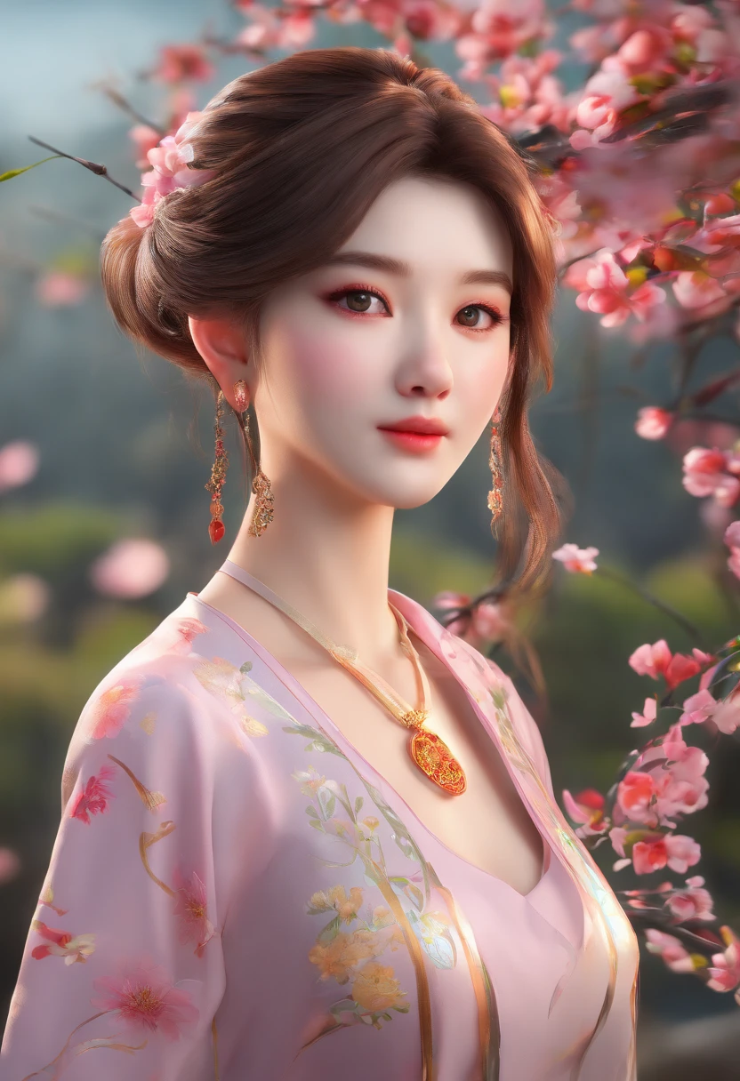 masterpiece,extremely detailed CG unity 8k wallpaper,1girl, beautiful, realistic, blurry, blurry_background, blurry_foreground, branch, brown_hair, plum blossom, depth_of_field, earrings, flower, jewelry, nose, realistic, solo,chinese clothes,fingers hidden, arms hidden, only wearing a bra