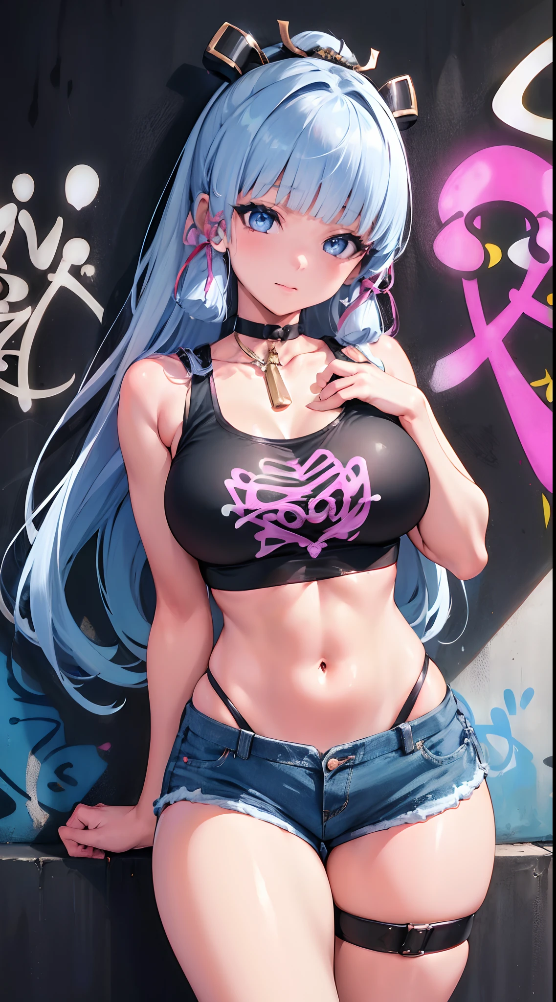 kamisato ayaka|genshin impact, master-piece, bestquality, 1girls,25 years old, oversized breasts, crop top, shorts jeans, oversized breasts, ,bara, crop top, shorts jeans, choker, (Graffiti:1.5), Splash with purple lightning pattern., arm behind back, against wall, View viewers from the front., Thigh strap, Head tilt, bored, water eyes,