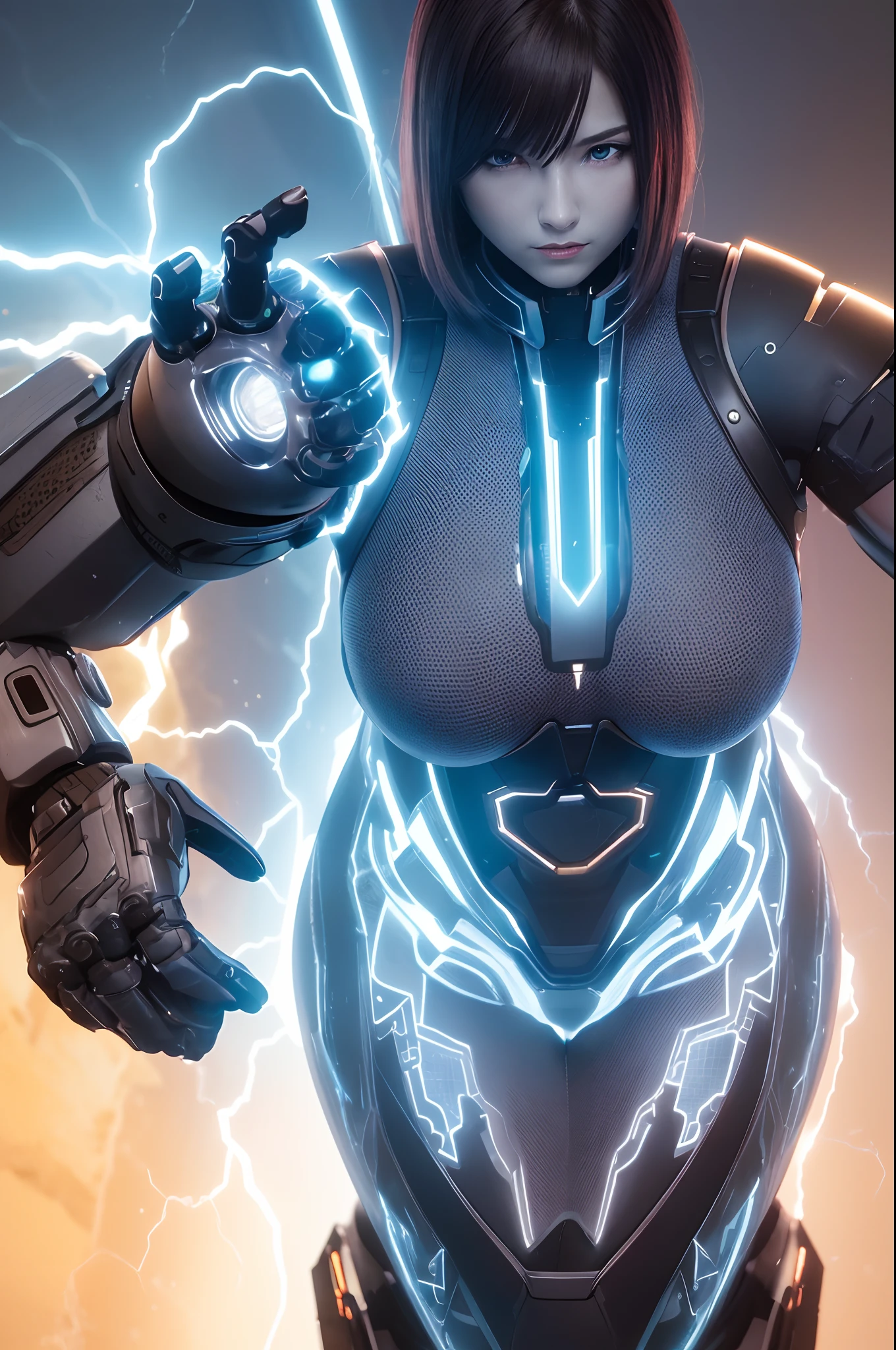 female, A robot, burly muscular, dazzling, mechanical fists clenched, chest shining blue. In addition to the anger, the real scenery is mixed in, and the shooting style is like a blockbuster movie. All elemental coordinates are lit, including metallic texture (1.8x strength), excess detail (2x enhancement), ultra-high resolution (1.6x enhancement), and carbon fiber (1.6x strengthened).