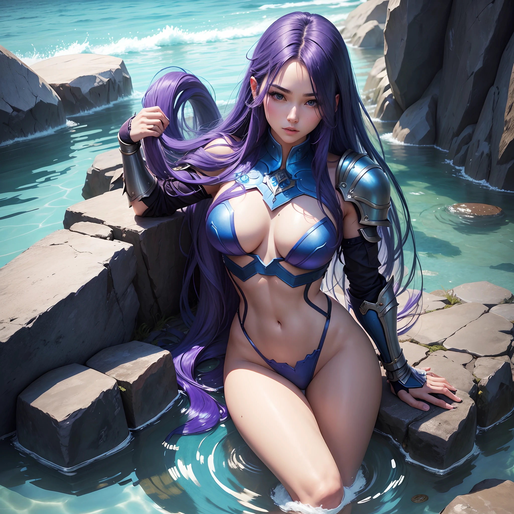 Long hair, blue, purple hair, blue skin, skimpy armor, water,sexy