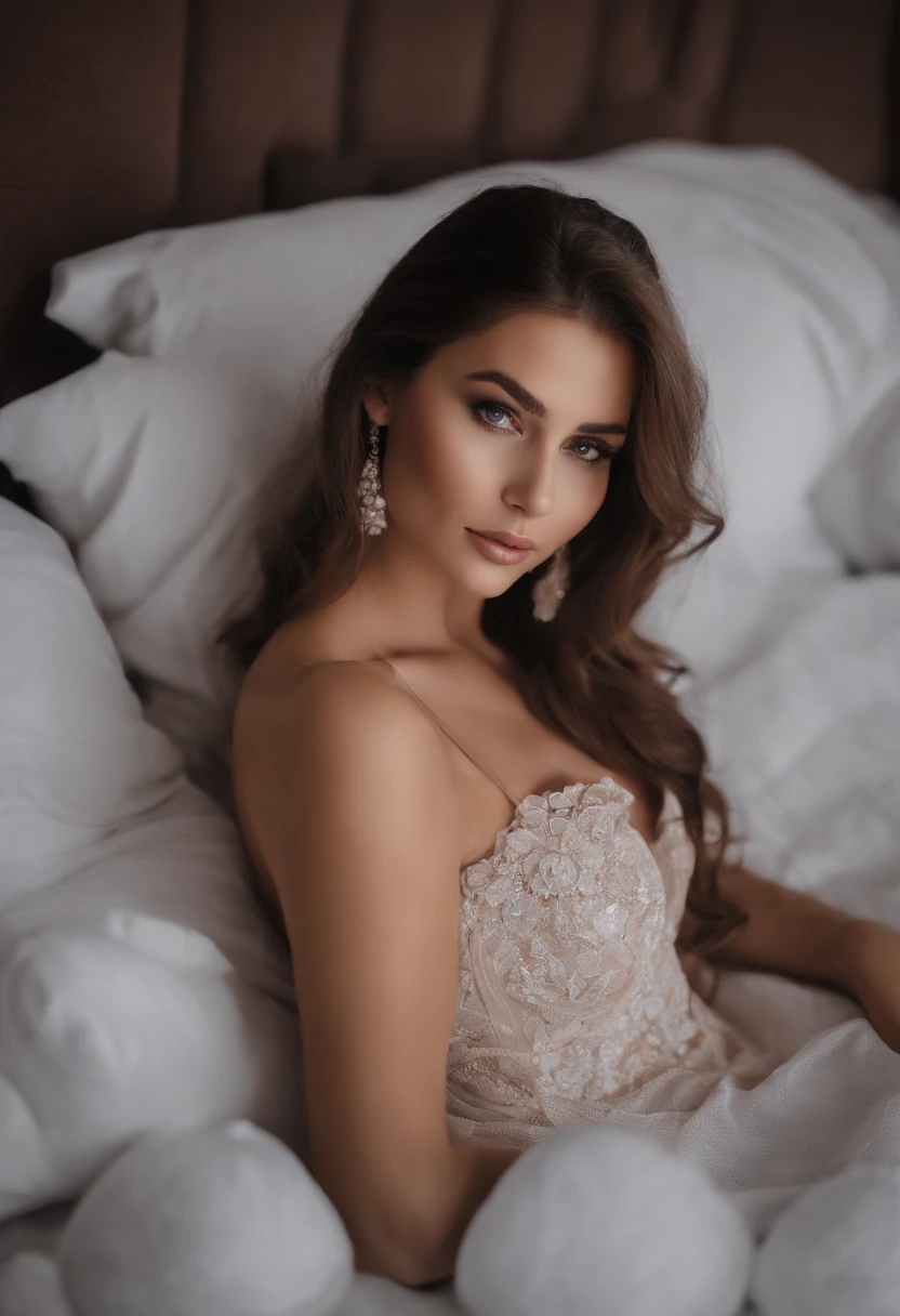 arafed woman fully , sexy girl with brown eyes, ultra realistic, meticulously detailed, portrait sophie mudd, brown hair and large eyes, selfie of a young woman, dubai eyes, violet myers, without makeup, natural makeup, looking directly at the camera, face with artgram, subtle makeup, stunning full body shot kneeling on bed, in bedroom, medium to large size bust, portait
