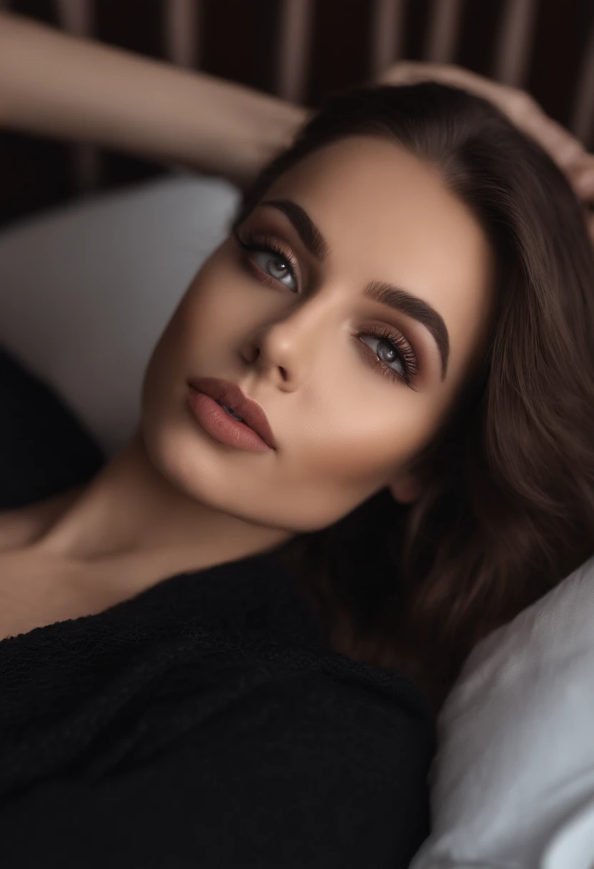 arafed frau voll , Sexy girl with brown eyes, ultra realistisch, Akribisch detailliert, portrait sophie mudd, brown hair and big eyes, Selfie einer jungen Frau, Augen im Schlafzimmer, Violet Myers, ohne Make-up, Natural makeup, Blick direkt in die Kamera, Gesicht mit Artgram, dezentes Make-up, Stunning full body shot, die auf dem Bett kniet, im Schlafzimmer, medium to large bust size