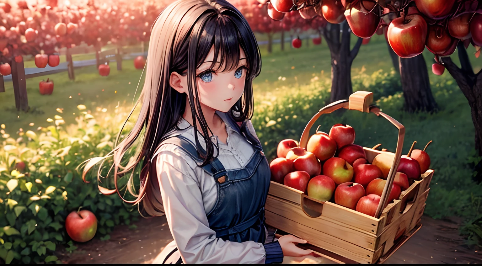blue eyes black hair girl with a close up of a wooden crate filled with red apples, apples on the ground, picking apples from a tree, standing in an apple orchard, idyllic and fruitful land, shutterstock, apple trees, red apples, apples