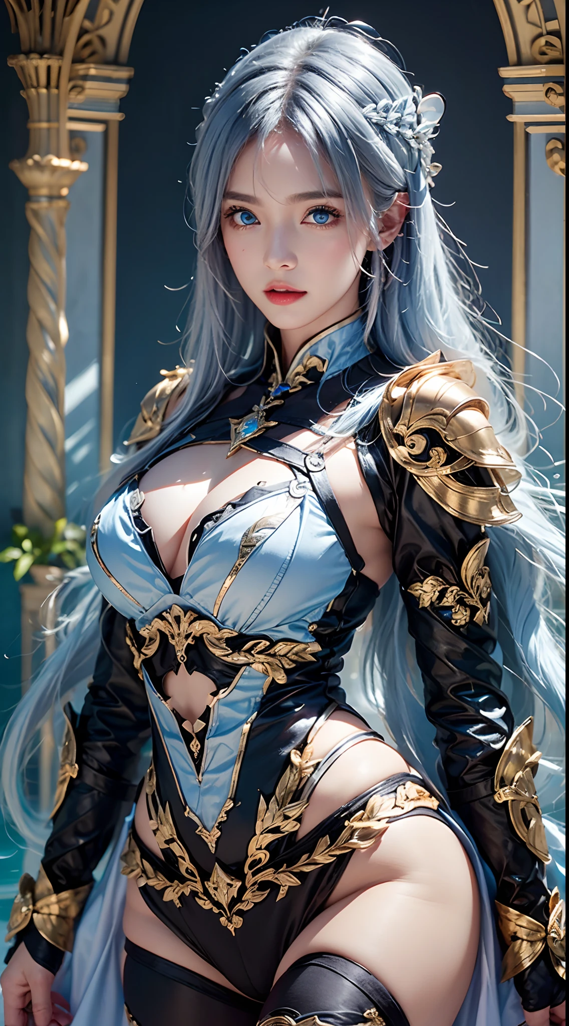 photorealistic, high resolution, soft lights, 1women, solo, hips up, look at viewer, (detailed face), blue eyes, white hair, long hair, photorealistic, masterpiece, photorealistic, high resolution, soft light, hips up, (blue eyes), jewelry, (milf, mature female), (black armor, armor, breastplate), beautiful face, (long hair, black hair, very straight hair:1.4, hime cut:1.4), blue eyes, cowboy shot, glowing skin, back lighting, athletic figure, muscular female, curvy, wide hips
