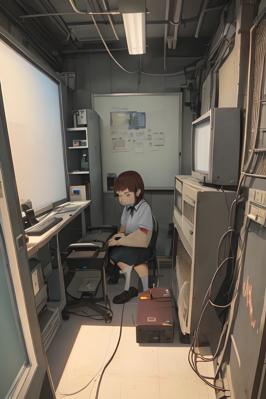 ((masterpiece, best quality;1.3)), ultra detailed, 1girl, solo,Lain Iwakura (Serial Experiments Lain),school uniform, looking at viewer,cute girl, lying, cyber punk, lots of computers, lots of large CRT monitors, hacker's room, lots of power cordS,lots of power keyboards, FROM above, white board,