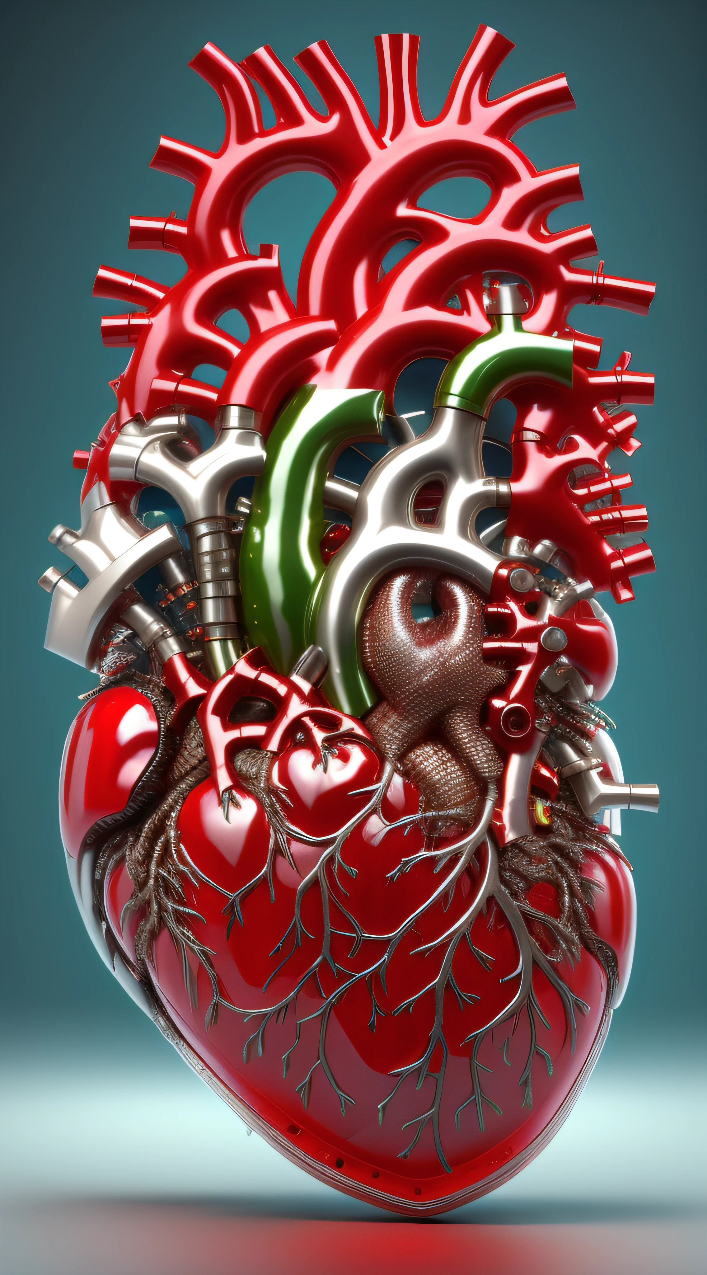 ((8k masterpiece)), RAW photo, ((best quality:1.2)),professional photograhy, 3d capture, 3d work, single item focus, absurdres, huge filesize, A biomechatronic ((3d human heart:1.4)) made from high grade toughened glass, with aerospace grade ((polished titanium valves:1.2)), macro detailed vein and fibre systems, illuminated heart chambers, intricate vein systems, multiple valve systems, space-age technology, futuristic engineering, engineering masterpiece, external vein systems wrapped around the glass heart, valves splitting off in all directions, polished metal valves in silver_red_green_gold, scarlet micro glass vein systems, polished titanium anatomical heart pieces attached to the exterior surface with engineered screws, plain single colour background, contrasting background, volumetric lighting, quixel megascan, unreal engine5, cg9 studio, trending on artstation,