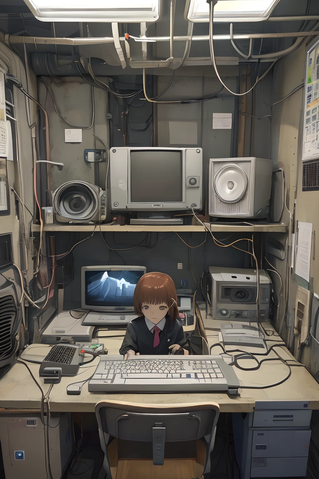 ((masterpiece, best quality;1.3)), ultra detailed, 1girl, solo,Lain Iwakura (Serial Experiments Lain),school uniform, looking at viewer,cute girl, lying, cyber punk, lots of computers, lots of large CRT monitors, hacker's room, lots of power cordS,lots of power keyboards, FROM above, white board,