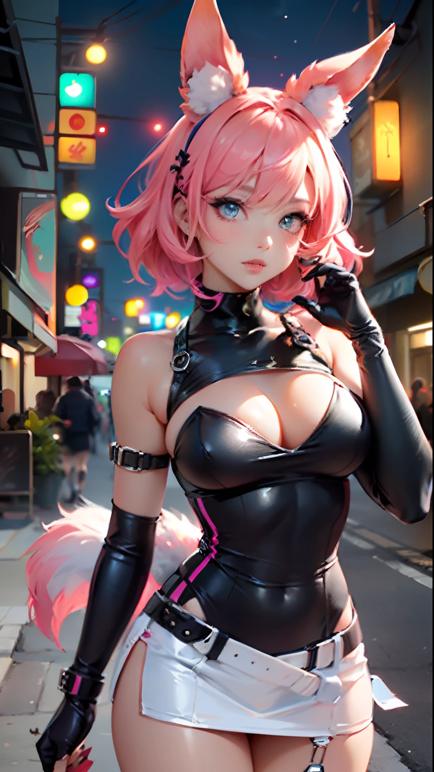 Cute bunny,(((20 years old))),((Anime little bunny with very cute and beautiful twin-tailed pink hair walking down the street)),(((Bunny Girl,Antro Furry Cute,bunnygirl))),(((Bunny ears,Rabbit ears on the head,Big rabbit ears))),
((large full breasts))), (((Fuchsia Hair:1.35,short fuchsia hair,Colored inner hair,Ear breathing,))),((Heterochromia, I1 Fuchsia, Eye 2 Pink, Perfect eyes, upward-eyed:1.3, Beautiful detailed eyes, finely detailed beautiful eye:1, big highlight on eyes:1.2, slanted eye)), (((Lustrous skin:1.5,bright skin: 1.5,skin tanned,Shiny skin,Very shiny skin,Shiny body,plastic glitter skin,exaggerated shiny skin))),(delicate detailed fingers,Detailed body,detailed arms,Human Hands, Detailed hand),
Cute,sluttish,,Erotic,NSFW,
zettai ryouiki,Revealing clothing,Show skin,((Rave Shirts, Fluorescent shirt, Rave Miniskirt,Visible lace strap)),(Wearing a rave costume:1.3,Rave Clothing,seminude,with little clothing,),(detailed costume,detailed clothes),
(Dynamic Pose:1.0), Solo Focus, Centered, scale to fit the dimensions, thirds rule,
Outdoors, ((Night view)), (Cyberpunk Night Street Background: 1.5,dark sky,alleyway,Lonely alley,Thick clouds, Detailed background:1.25),
(Best Quality), (High resolution), (Sharp Focus), (ultra-detailliert), (Extremely detailed), (Very high quality artwork), 8K_Wallpaper, (8K HDTV CG),(Very fine 8K CG), ((hyper super ultra detailed perfect piece)), flawless, (((masutepiece))), Illustration, Vibrant colors, (Convoluted), High contrast, Selective lighting, double exposure, nffsw (High dynamic range), Post-processing, Background blur,