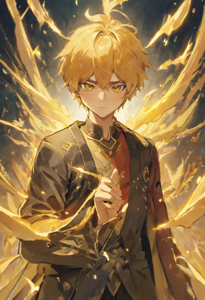 Realistic image of a handsome man, forte, cabelos longos e vermelhos, olhos azuis brilhantes, arte em estilo anime, vestido com trajes pretos estilo samurai com uma blusa preta por baixo, sorriso debochado, fluxos de sangue envolta dele, campo de batalha com escombros, yellow trees in background
