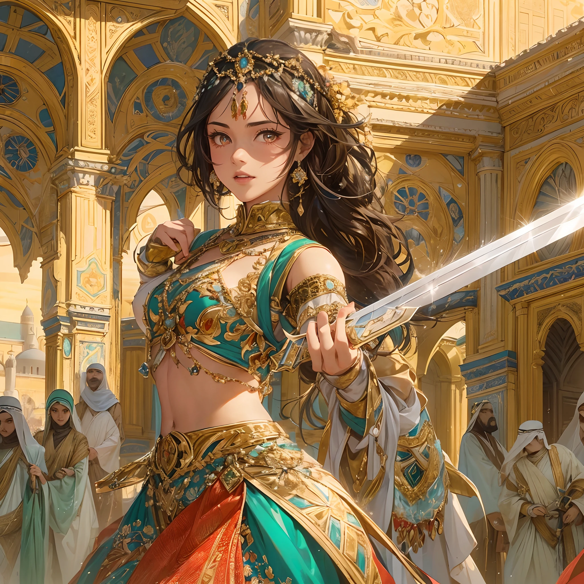 18-year-old female soldier performing a sword dance in front of a palace in desert city. She is still young but has a beautiful face and brightly colored glowing eyes. She wears elaborate and delicate ornaments. Square in front of the luxurious and beautiful Arab Palace. Detailed drawing. Vivid colors. High image quality.