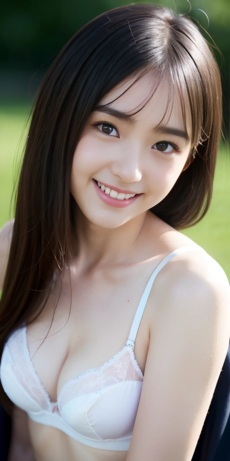Neat and clean girl、(Underwear、Nipple bumps、16yo gundergarment、Outside the field、(Slimed)、Photorealsitic、detaileds, Skin Texture, ultra-detailliert、Delicate and sexy collarbone、Super Detailed Face、Detailed lips、A detailed eye、二重まぶた、tiny chest、Emphasis on the chest、A smile、Very embarrassed look、bra very、pantyshot、The figure that seems to be able to see the panties