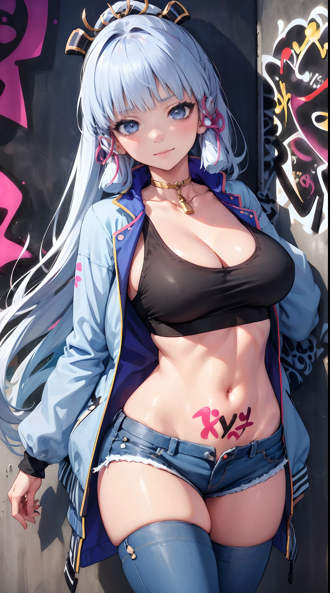 kamisato ayaka|genshin impact, master-piece, bestquality, 1girls,25 years old, oversized breasts, crop top, shorts jeans, oversized breasts, ,bara, crop top, shorts jeans, choker, (Graffiti:1.5), Splash with purple lightning pattern., arm behind back, against wall, View viewers from the front., Thigh strap, Head tilt, bored, water eyes,