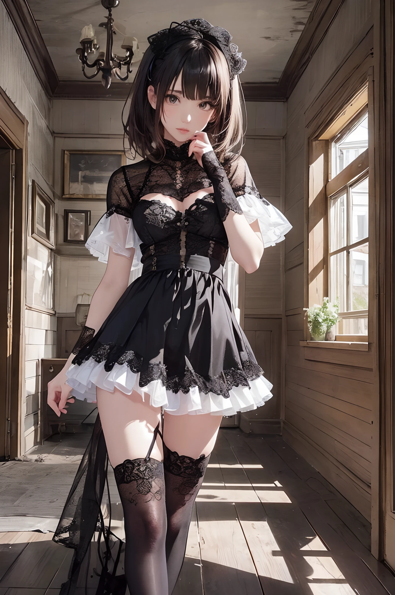 1girl standing, high detail face, looking at viewer, black clothes, full body shot, in the fog, beautiful face, perfect face, highly detailed beautiful face, (highly detailed beautiful eyes), (rending on cgsociety, streaming),((black shadows:1.5)), (no light in the room:1.5), (old house in the dark night:1.4), romanticism, atmospheric, RAW photo, best quality, realistic, photo-realistic, masterpiece, an extremely delicate and beautiful, extremely detailed,