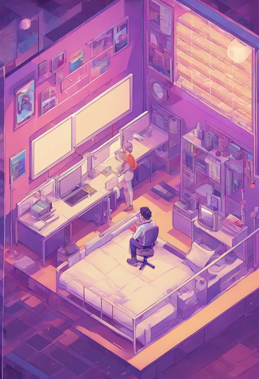 Isometric illustration of a student relaxing in futuristic school with robot teacher, Emotional figurative works, Rounded, Unity staged, Soft purple, White background