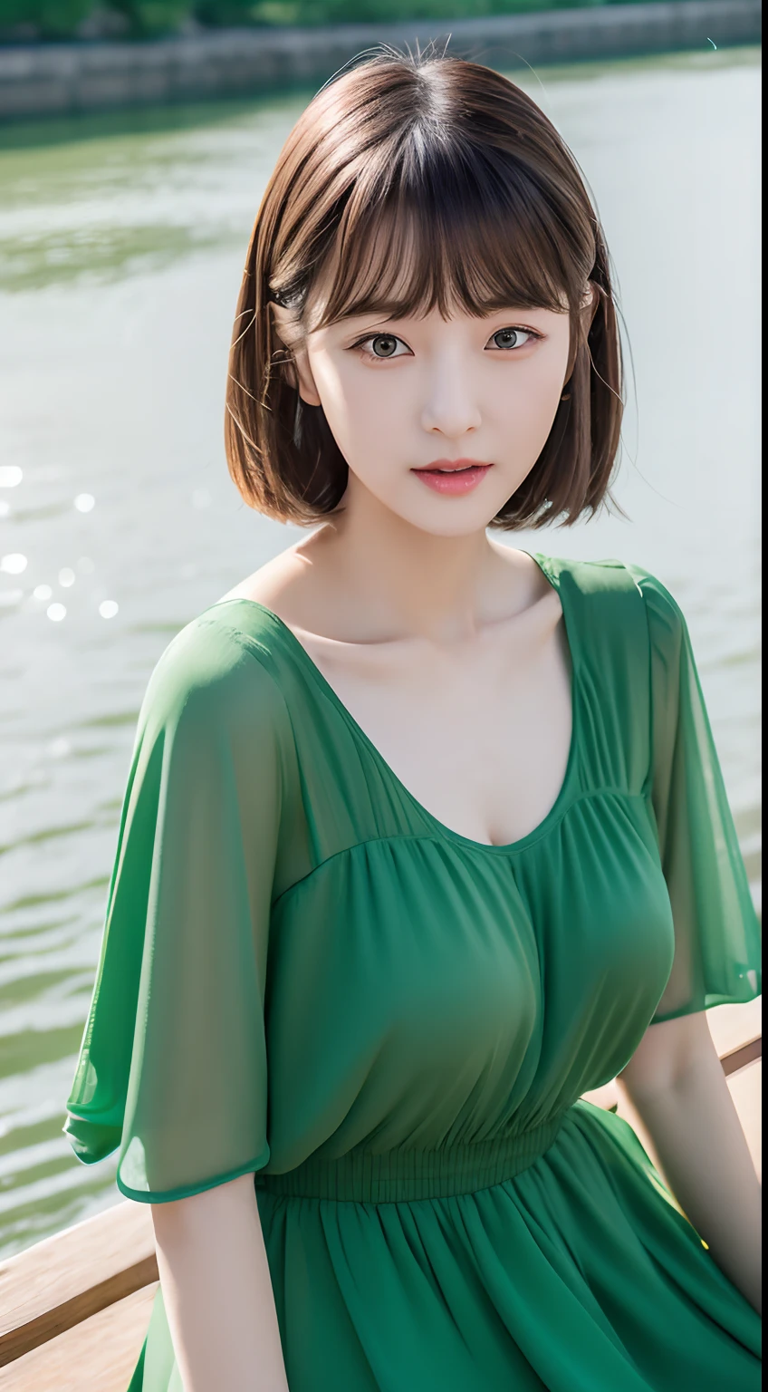 Realistic photos of (1 cute Korean star) side swept bangs, thin makeup, 32 inch breasts size, wearing green dress, sitting at tea house river side, close-up portrait, drop shadow, UHD