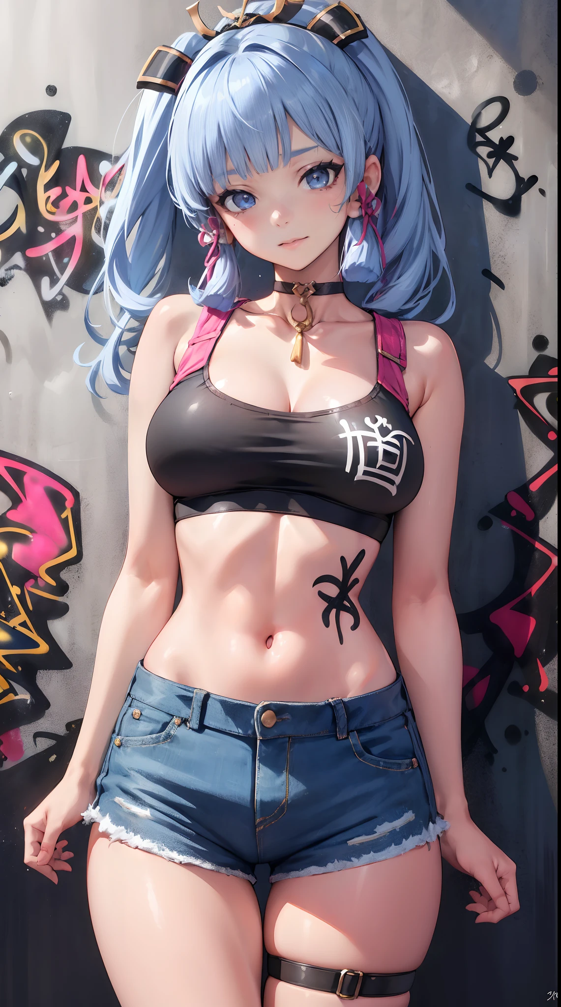 kamisato ayaka|genshin impact, master-piece, bestquality, 1girls,25 years old, oversized breasts, crop top, shorts jeans, oversized breasts, ,bara, crop top, shorts jeans, choker, (Graffiti:1.5), Splash with purple lightning pattern., arm behind back, against wall, View viewers from the front., Thigh strap, Head tilt, bored, water eyes,