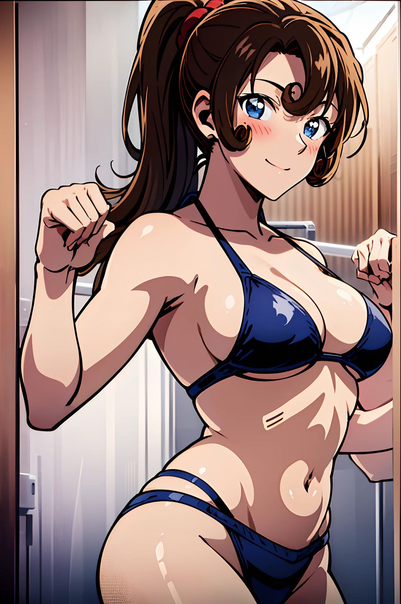 poster, anime style, hires ((wrestling ground)), (female wrestler), (slender body), mature woman, milf, (bikini, ultra detailed pro wrestling gear) victorious, gorgeous, winner, confident face, smile, (closed mouth), (pale skin, shiny skin, lighting and shadow), big breasts, (only one arm stretching), long belly, closed fists, seductive, (brown, long hair, ponytail, curly bangs), 37 years old