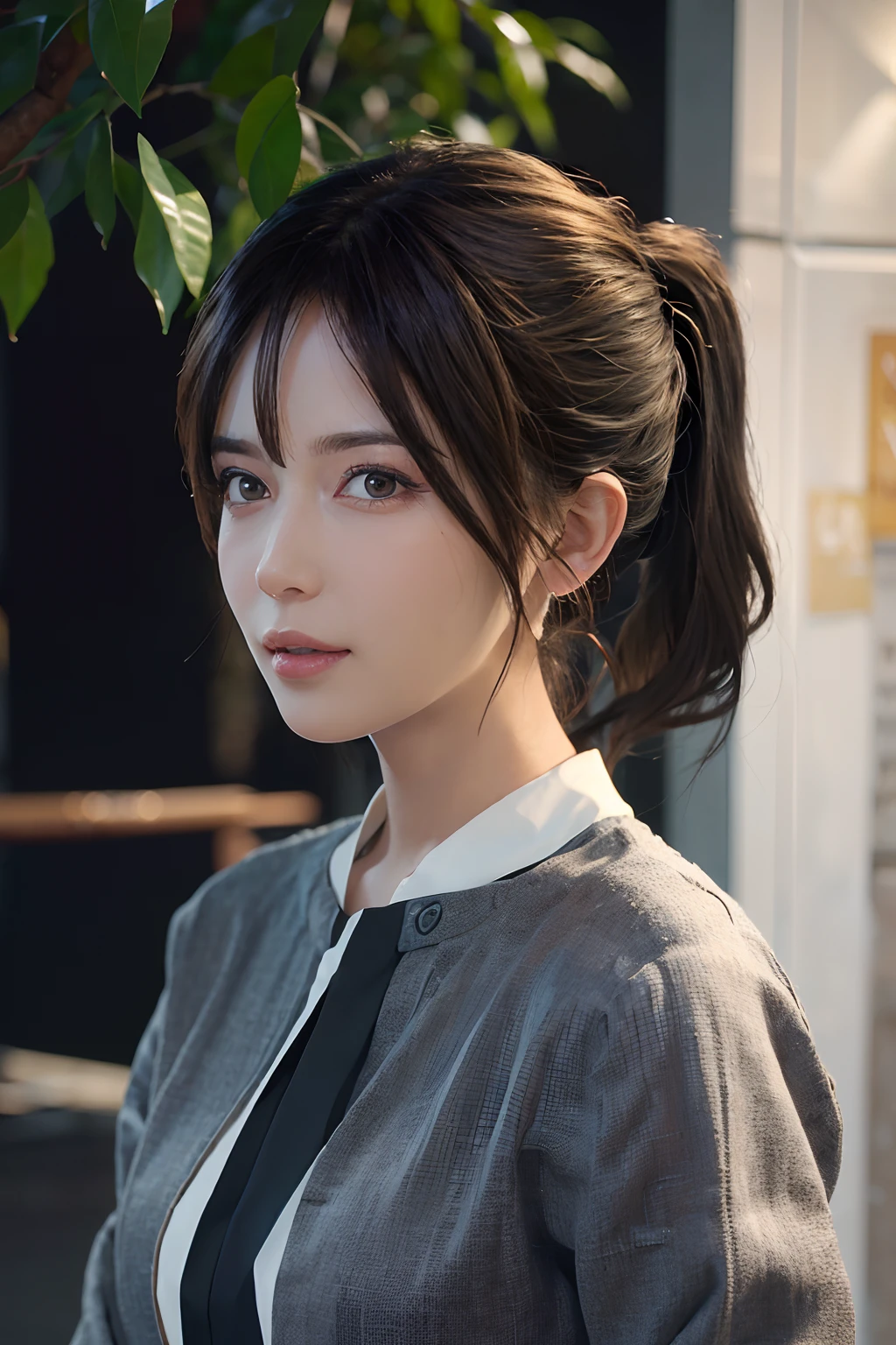 (masuter piece:1.3)、(8K、Photorealsitic、Raw photography、top-quality: 1.4)、(1girl in)、beautiful countenance、(Lifelike face)、(white  hair、Medium Hair:1.3)、Beautiful hairstyle、realisticeyes、Beautiful details、（real looking skin）、Beautiful skins、（Blouse）、absurderes、enticing、超A high resolution、A hyper-realistic、high-detail、the golden ratio、Bright sunlight、Short ponytail
