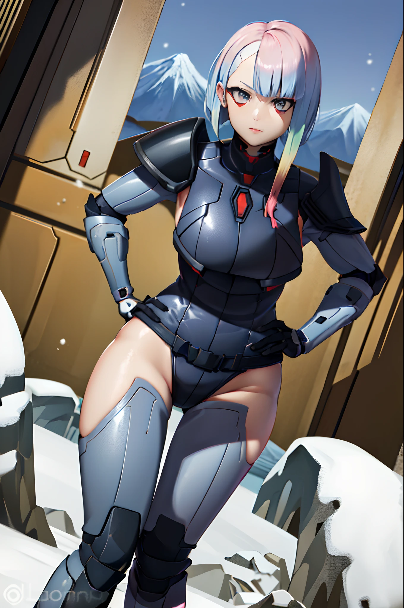 spartan, 1girl, solo, lu1, cyborg, multicolored hair, makeup, standing, helmet, faceless, armor, gloves, power armor, science fiction, crotch plate, breastplate, large breasts, outside, snow, mountain, looking at viewer, facing viewer, waving, hand on hip,
