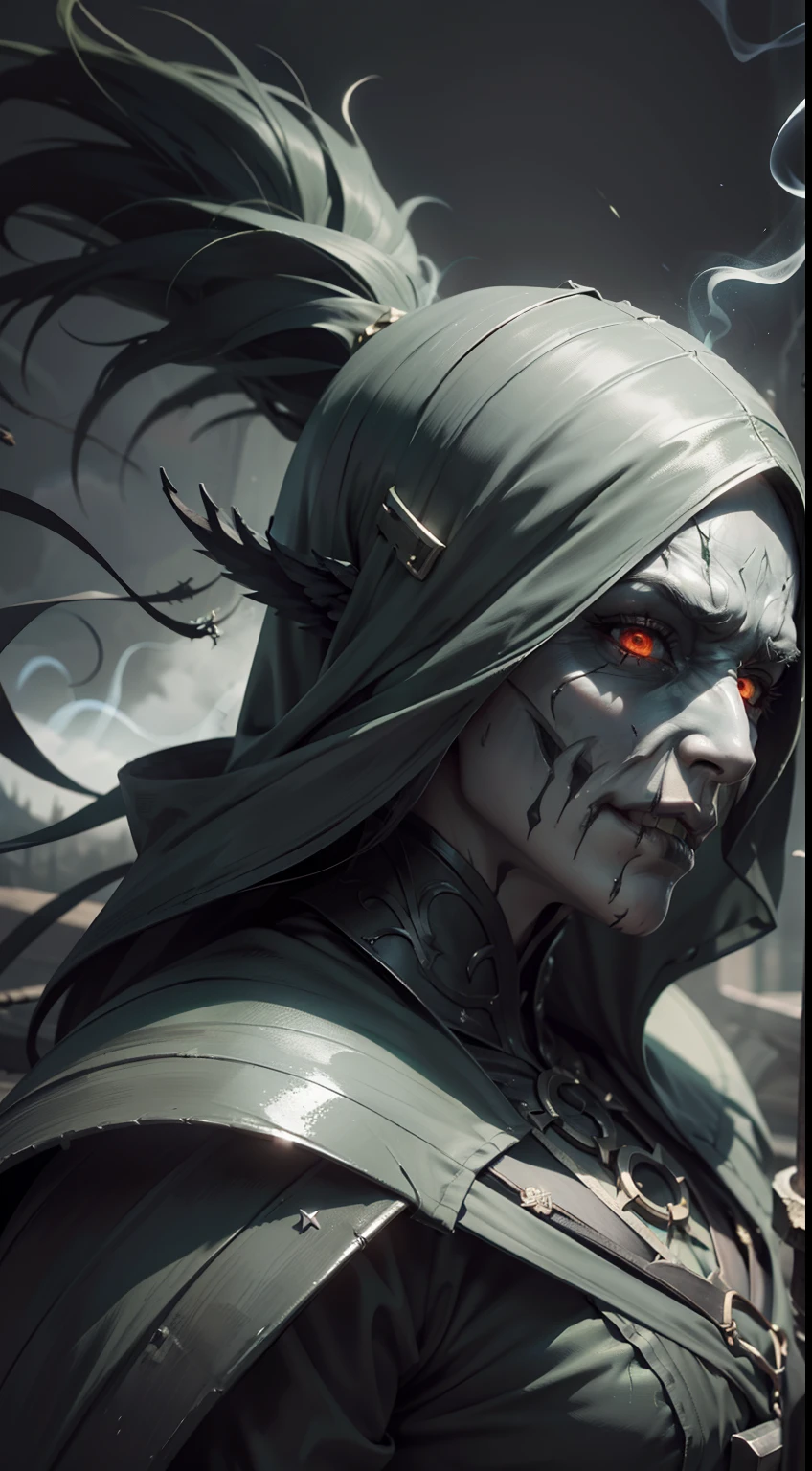 (very detailed 8k wallpaper), terrifying necromancer medium shot, ominous shadows, green smoke, intricate, high detail, dramatic