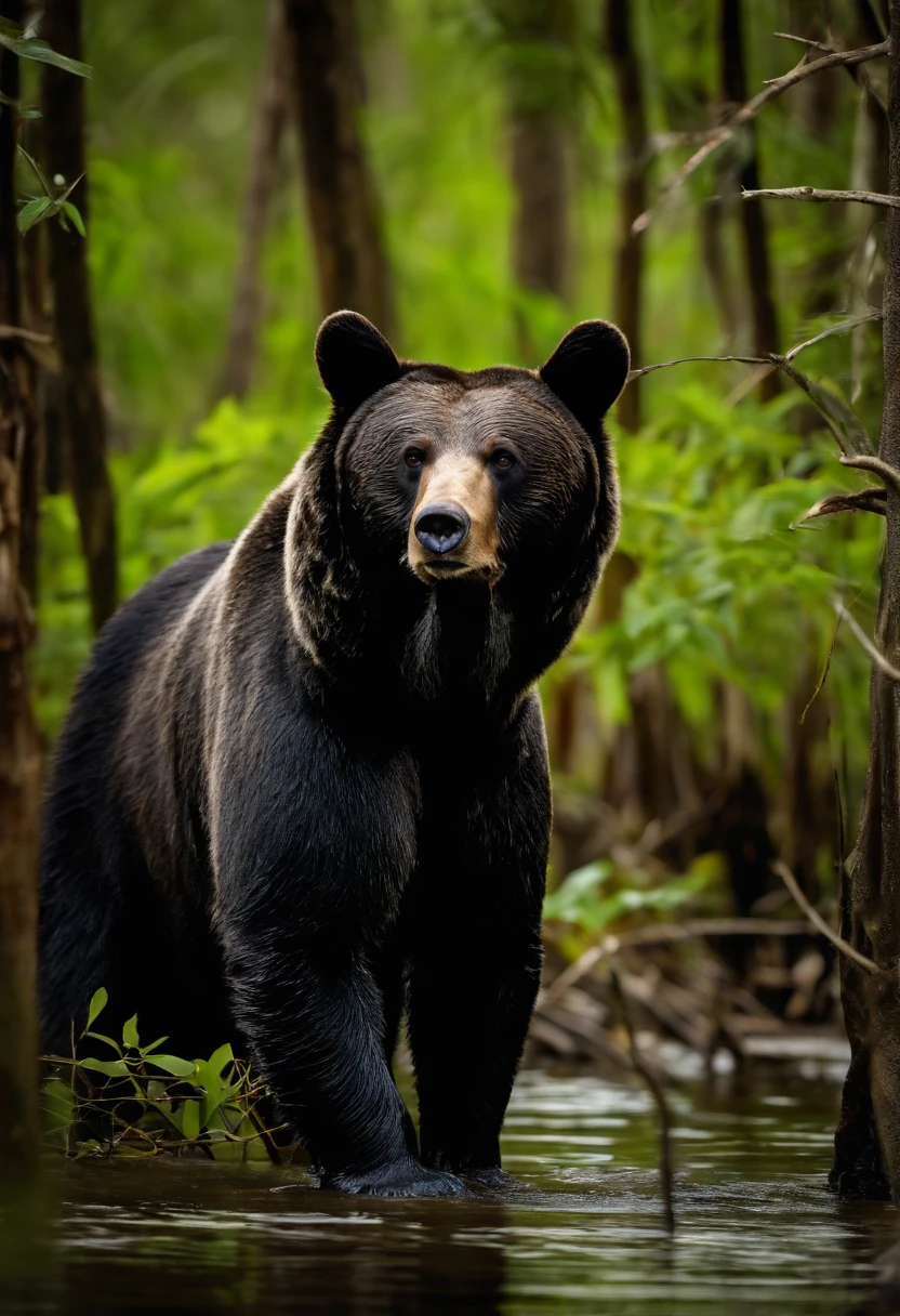 Award-winning photo portrait of bear,Wearing black and silver armor,forest swamp mangrove trees background,big headed,Complicated details