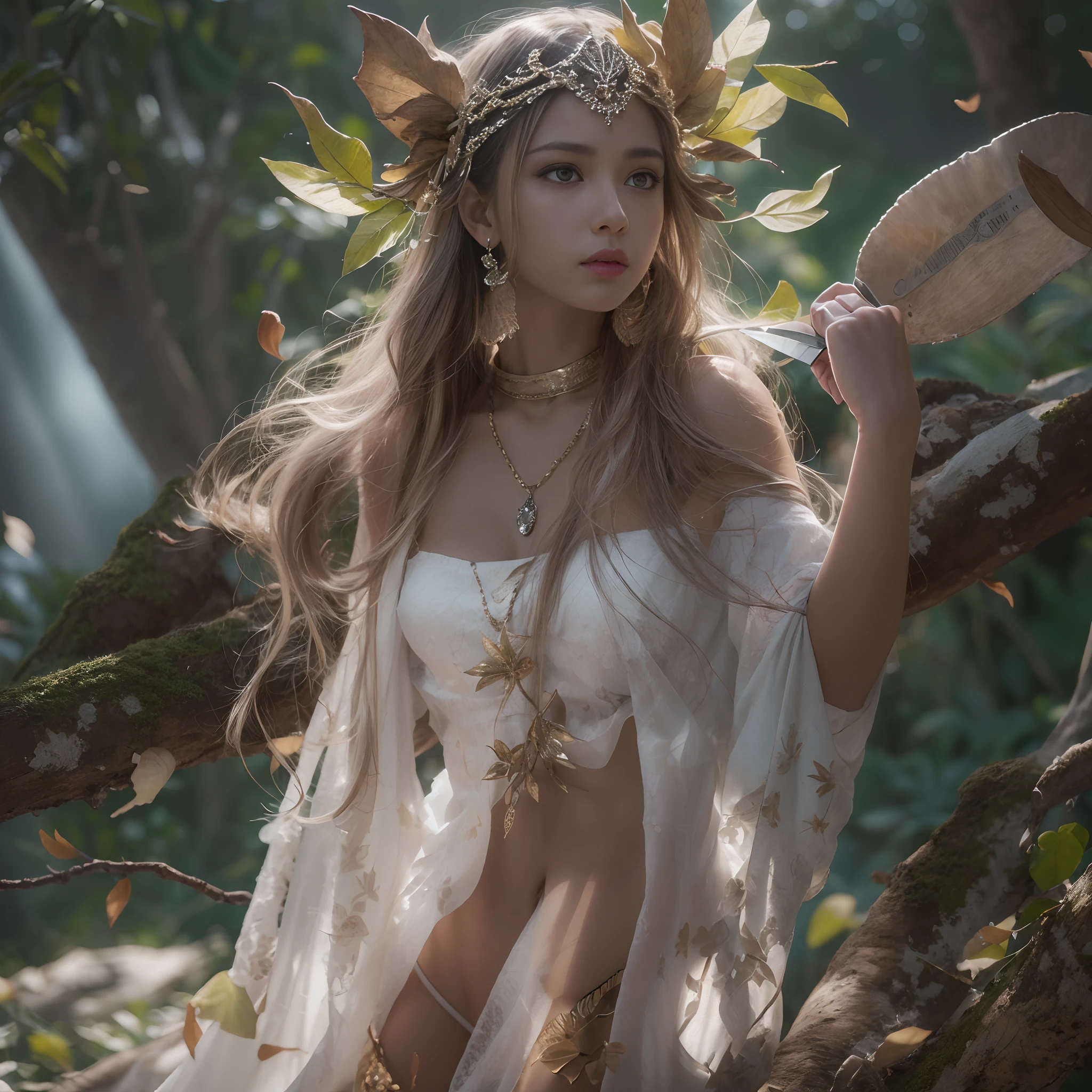 (((nffsw))), (((masutepiece))), (((8K))), (((hight resolution))), (((surrealism))), (((Cinematic lighting))), god rays, Zoom Layer, (((FULL BODYSHOT))), F/4.0, canon, White skin,Detailed skin,Detailed face, Detailed eyes, Goddess of a deserted island, Unmaintained island, Elegant dress made only of small leaves, leaf tiara, Seashell earrings, bare-legged, strong facial expression, Holding a survival knife in your hand