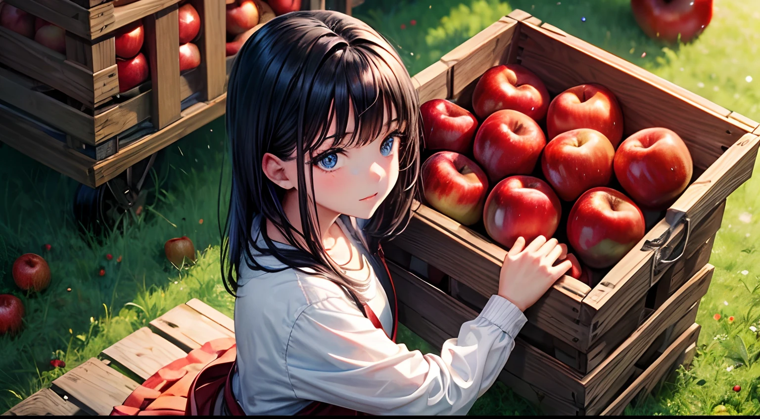 blue eyes black hair girl with a close up of a wooden crate filled with red apples, apples on the ground, picking apples from a tree, standing in an apple orchard, idyllic and fruitful land, shutterstock, apple trees, red apples, apples